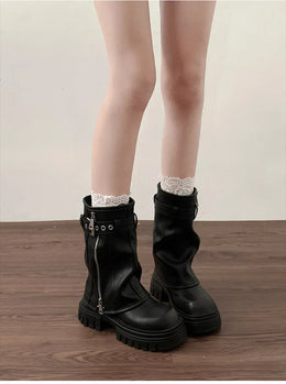 KissICON Winter Women Biker Boots Fashion Belt Buckle Ladies