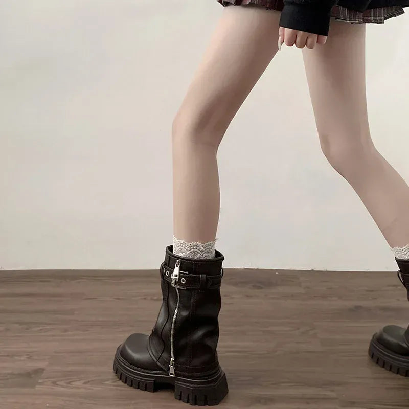 KissICON Winter Women Biker Boots Fashion Belt Buckle Ladies