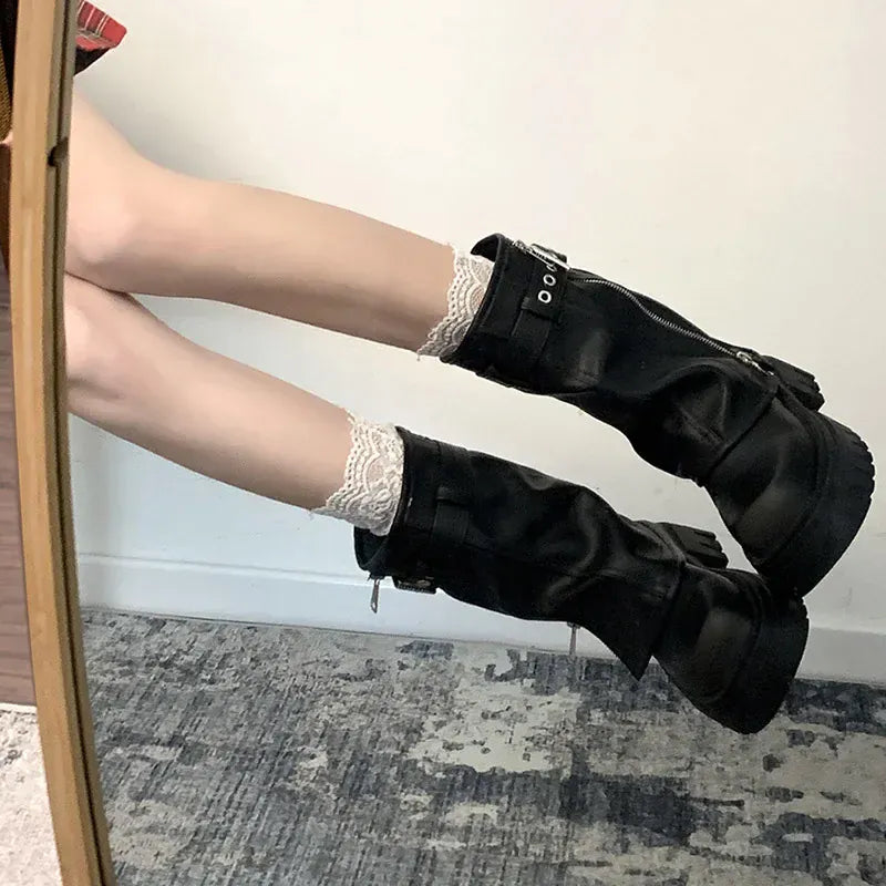 KissICON Winter Women Biker Boots Fashion Belt Buckle Ladies