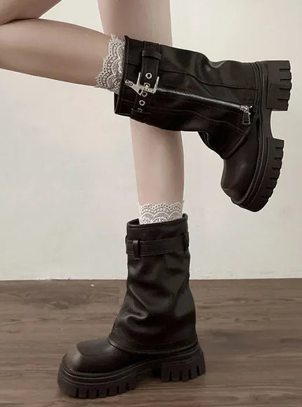 KissICON Winter Women Biker Boots Fashion Belt Buckle Ladies