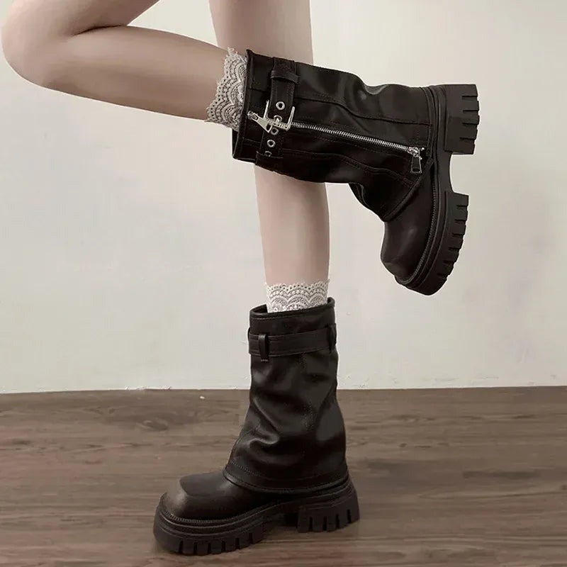 KissICON Winter Women Biker Boots Fashion Belt Buckle Ladies