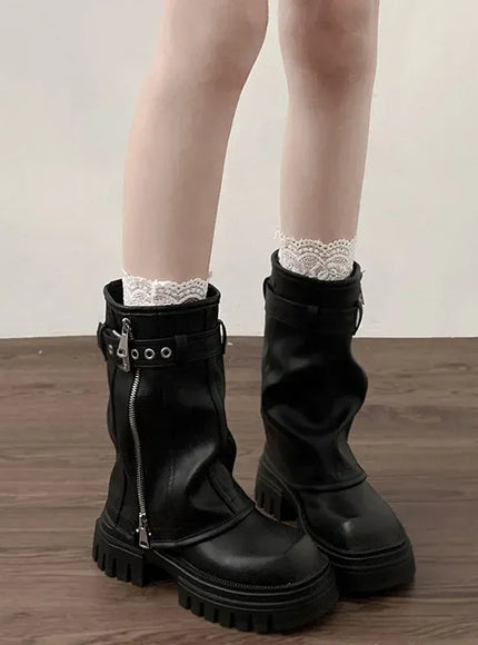 KissICON Winter Women Biker Boots Fashion Belt Buckle Ladies