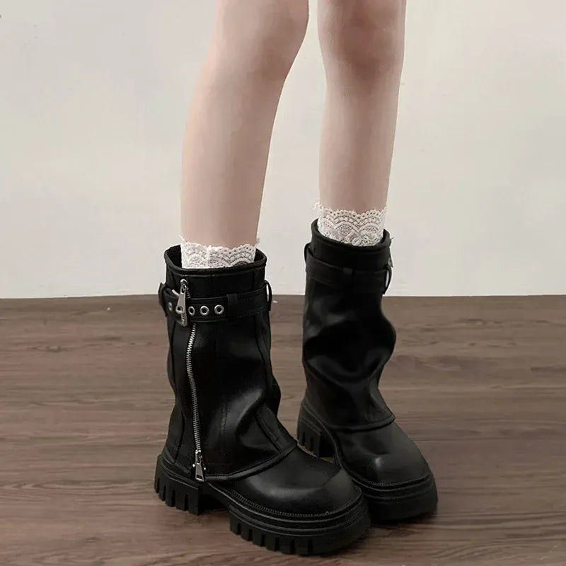 KissICON Winter Women Biker Boots Fashion Belt Buckle Ladies