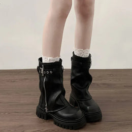 KissICON Winter Women Biker Boots Fashion Belt Buckle Ladies