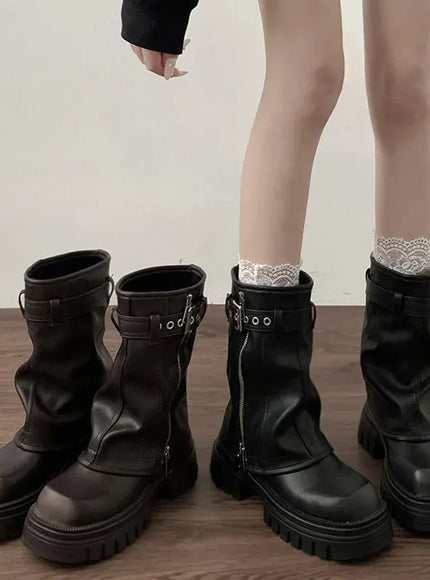 KissICON Winter Women Biker Boots Fashion Belt Buckle Ladies