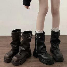 KissICON Winter Women Biker Boots Fashion Belt Buckle Ladies
