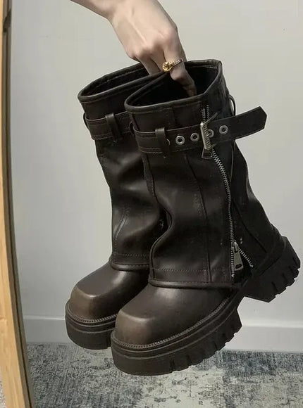 KissICON Winter Women Biker Boots Fashion Belt Buckle Ladies