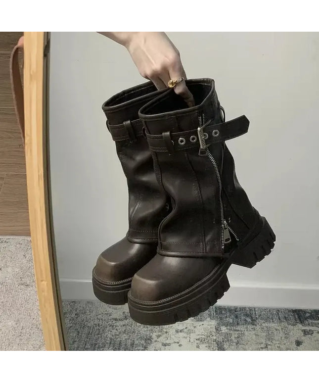 KissICON Winter Women Biker Boots Fashion Belt Buckle Ladies