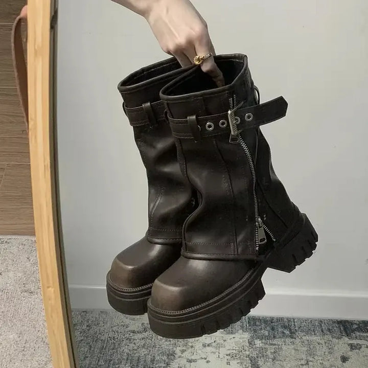 Winter Women Biker Boots Fashion Belt Buckle Ladies