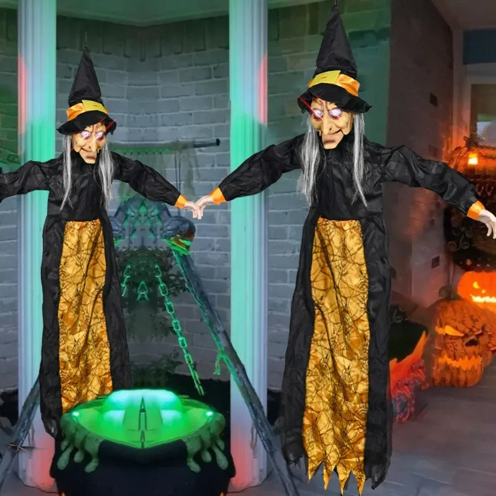 KissICON witch Halloween Decor Talking Witch Outdoor Spooky Animatronic Witch Decor Prop Red Eye Animated Witch Home Festival Decor