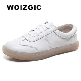 Dropshipman WOIZGIC Gril Women's Ladies Female Woman Genuine Leather White Vulcanized Shoes Flats Sneakers Platform Lace Up soft four season