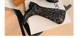 KissICON Woman Fashion Lace Flower Boots Thick Heel Pointed