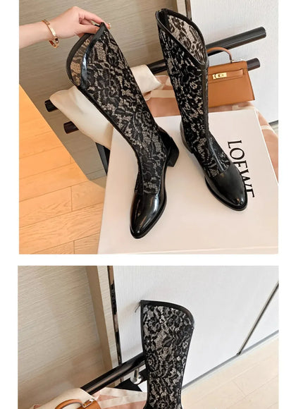 KissICON Woman Fashion Lace Flower Boots Thick Heel Pointed