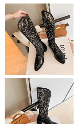 KissICON Woman Fashion Lace Flower Boots Thick Heel Pointed