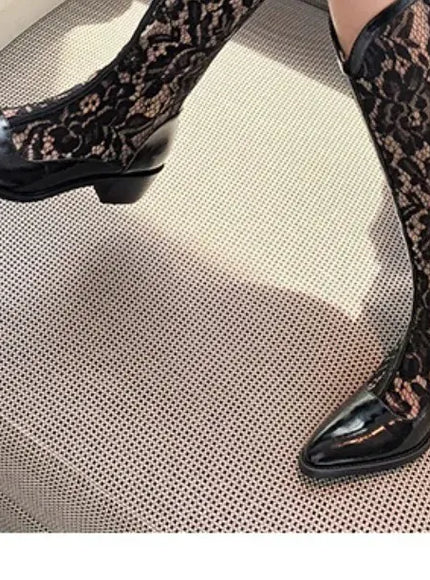 KissICON Woman Fashion Lace Flower Boots Thick Heel Pointed