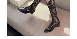 KissICON Woman Fashion Lace Flower Boots Thick Heel Pointed