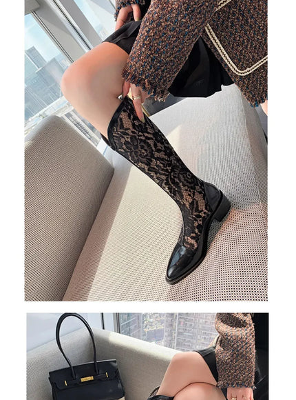 KissICON Woman Fashion Lace Flower Boots Thick Heel Pointed