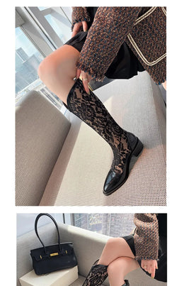 KissICON Woman Fashion Lace Flower Boots Thick Heel Pointed
