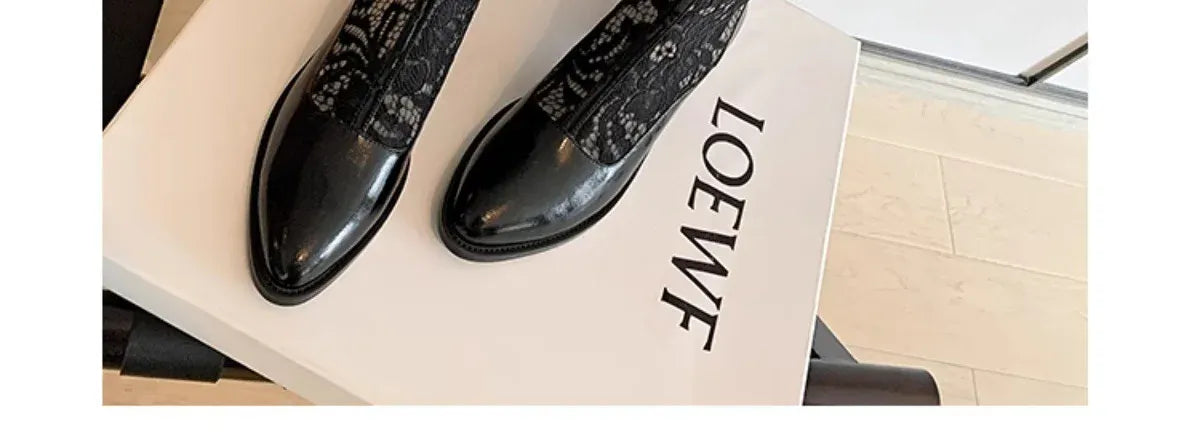 KissICON Woman Fashion Lace Flower Boots Thick Heel Pointed