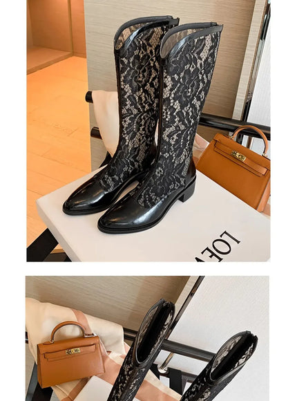KissICON Woman Fashion Lace Flower Boots Thick Heel Pointed