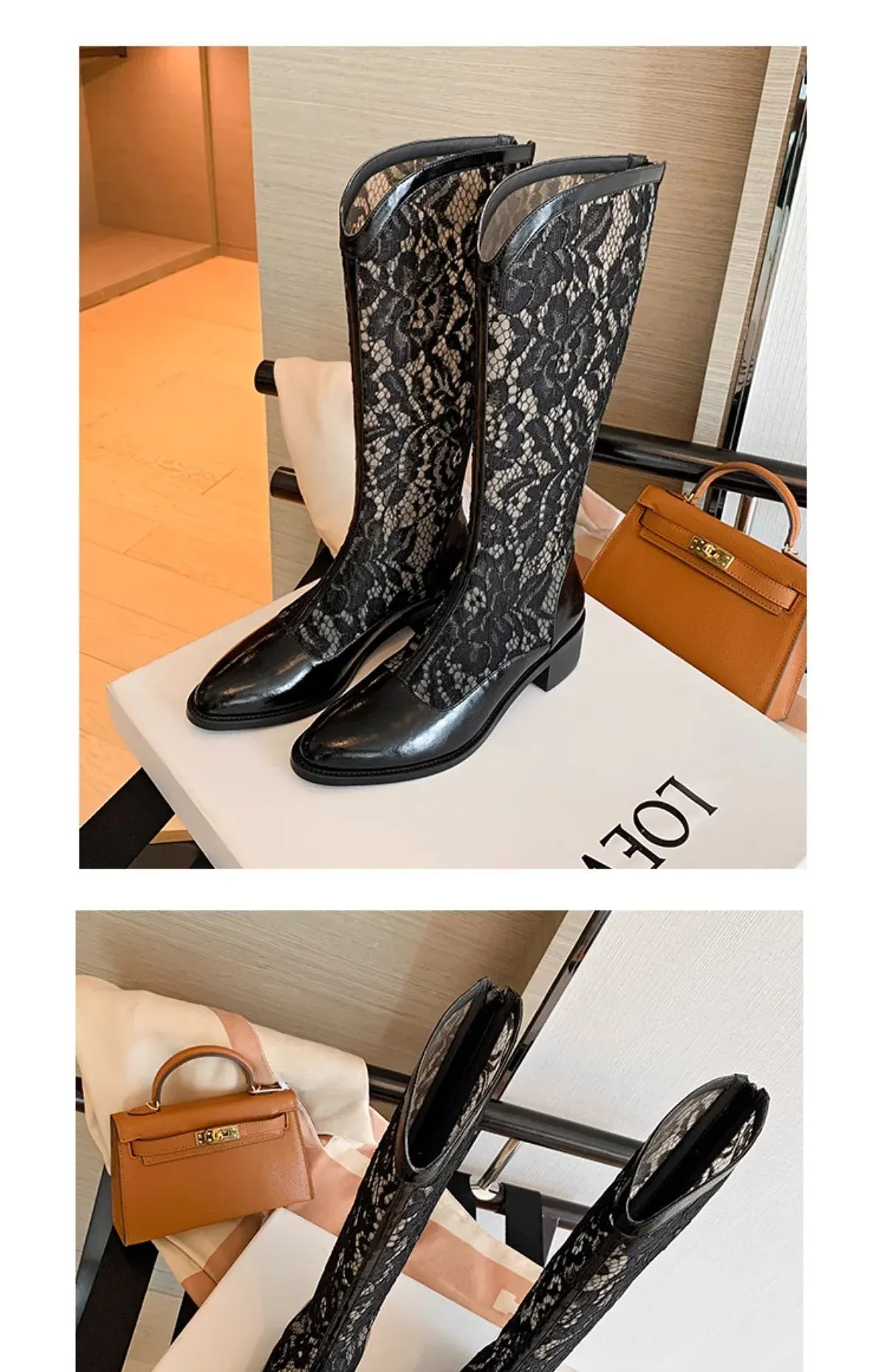 KissICON Woman Fashion Lace Flower Boots Thick Heel Pointed