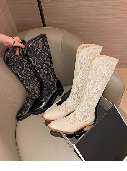 KissICON Woman Fashion Lace Flower Boots Thick Heel Pointed
