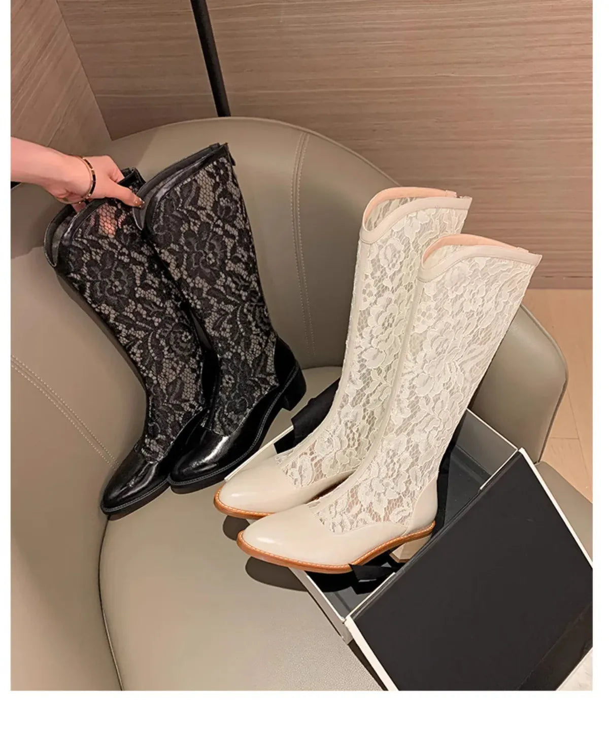 KissICON Woman Fashion Lace Flower Boots Thick Heel Pointed