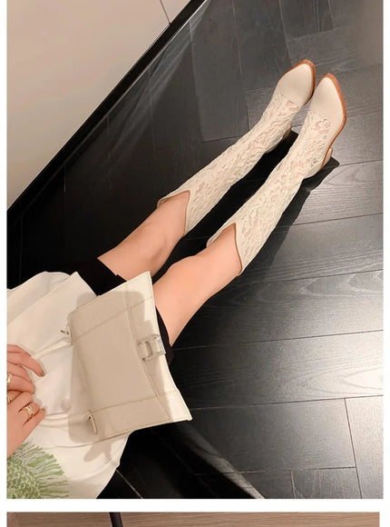 KissICON Woman Fashion Lace Flower Boots Thick Heel Pointed