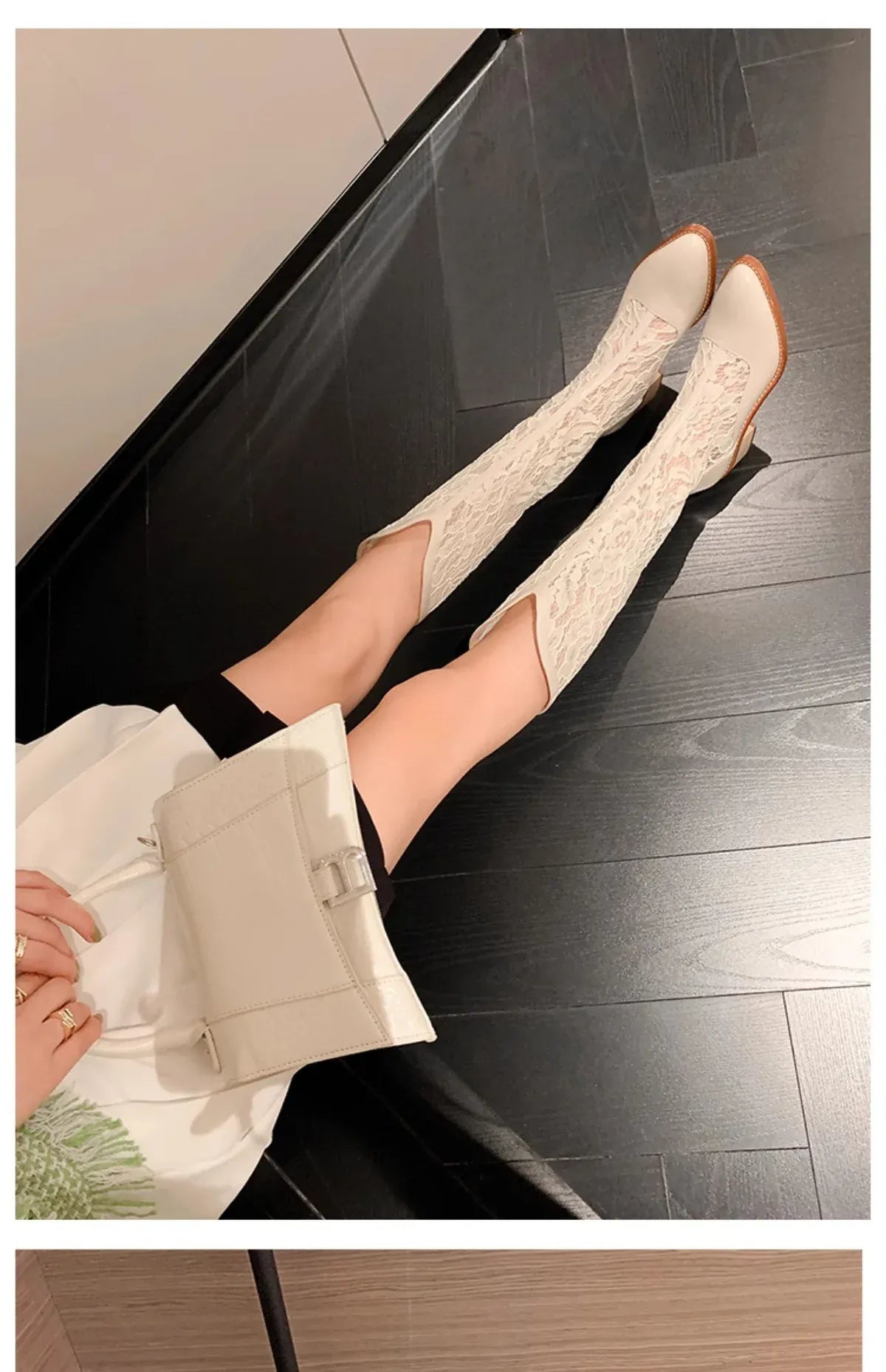 KissICON Woman Fashion Lace Flower Boots Thick Heel Pointed