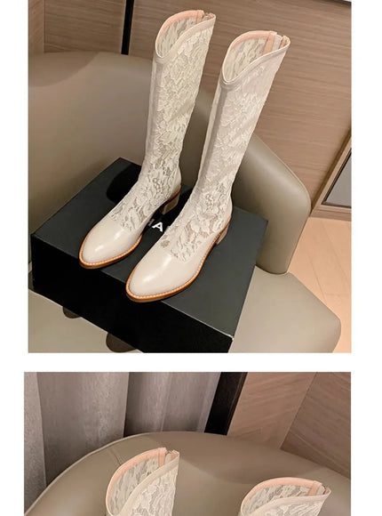KissICON Woman Fashion Lace Flower Boots Thick Heel Pointed