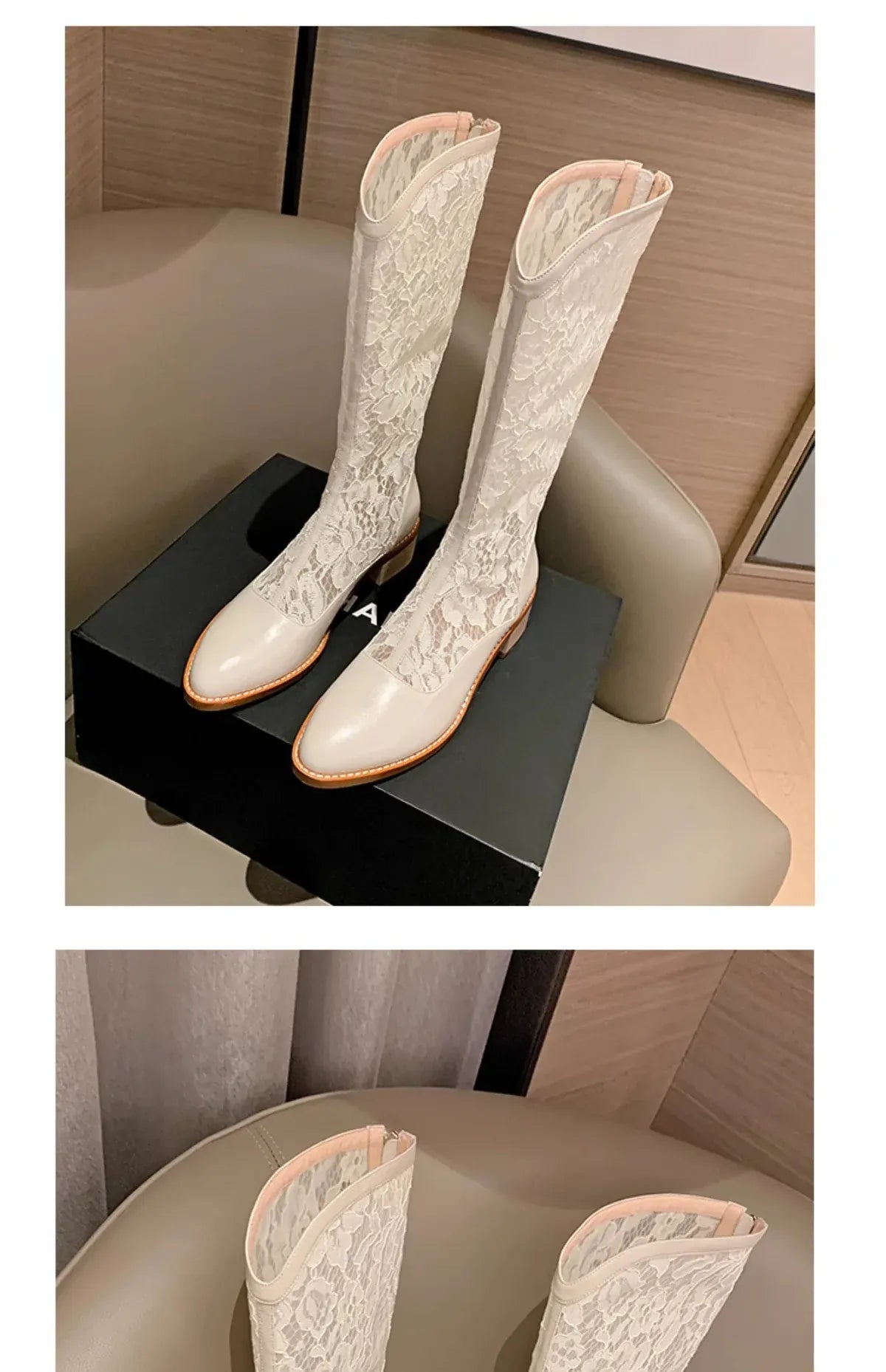 KissICON Woman Fashion Lace Flower Boots Thick Heel Pointed