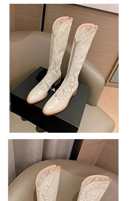 KissICON Woman Fashion Lace Flower Boots Thick Heel Pointed
