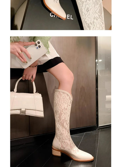 KissICON Woman Fashion Lace Flower Boots Thick Heel Pointed