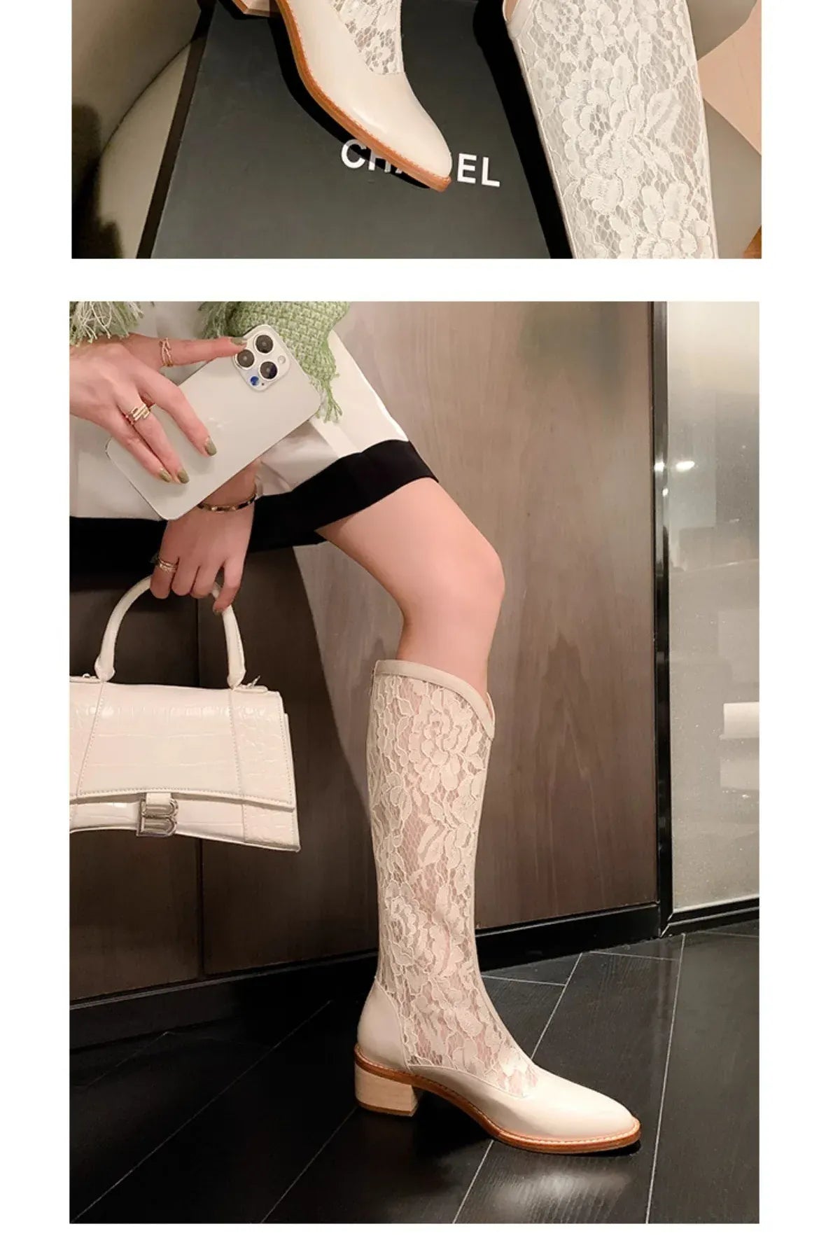 KissICON Woman Fashion Lace Flower Boots Thick Heel Pointed