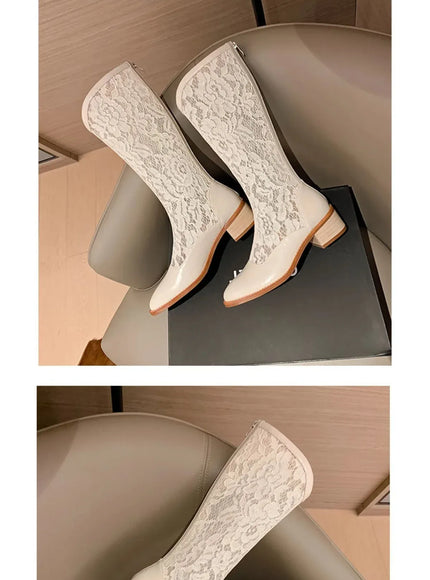 KissICON Woman Fashion Lace Flower Boots Thick Heel Pointed