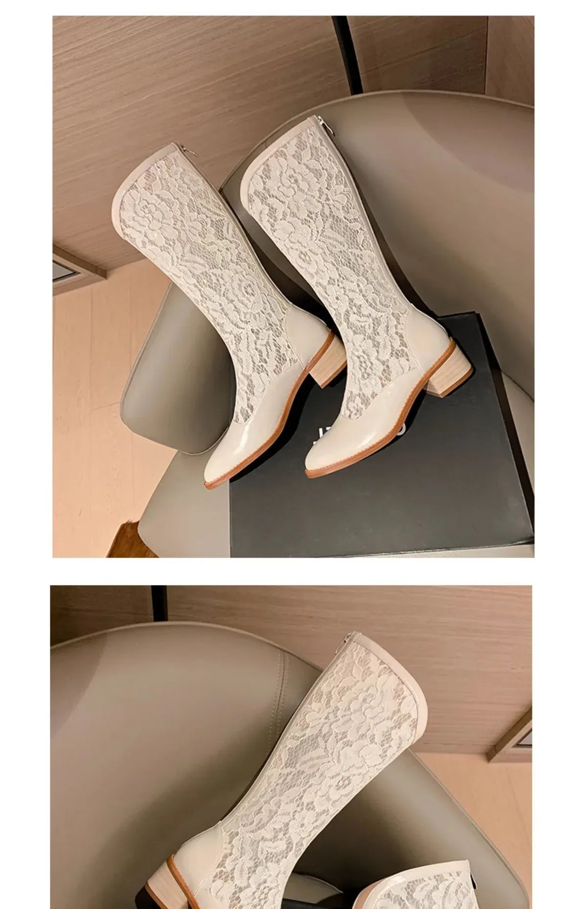 KissICON Woman Fashion Lace Flower Boots Thick Heel Pointed