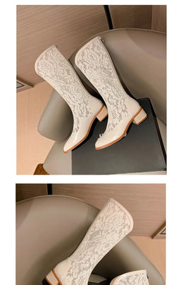 KissICON Woman Fashion Lace Flower Boots Thick Heel Pointed