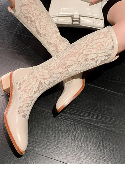 KissICON Woman Fashion Lace Flower Boots Thick Heel Pointed