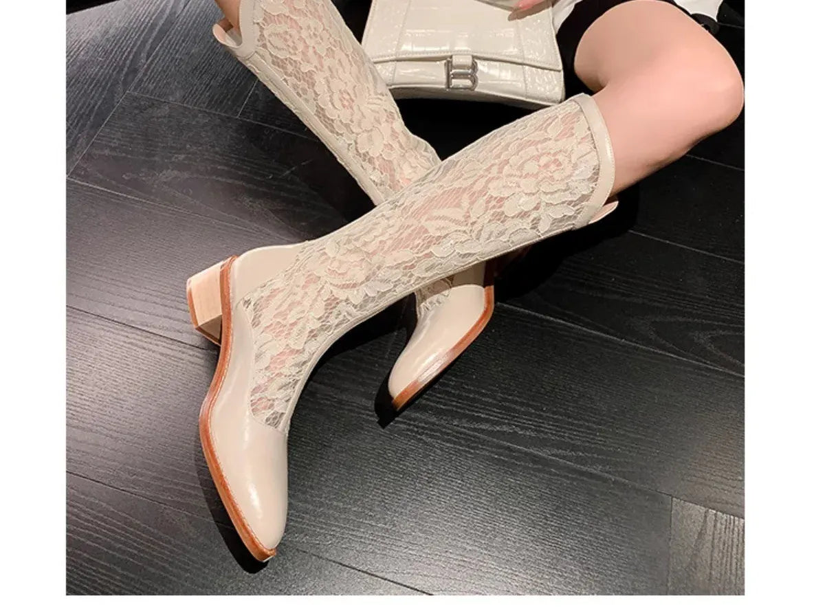 KissICON Woman Fashion Lace Flower Boots Thick Heel Pointed