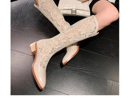 KissICON Woman Fashion Lace Flower Boots Thick Heel Pointed