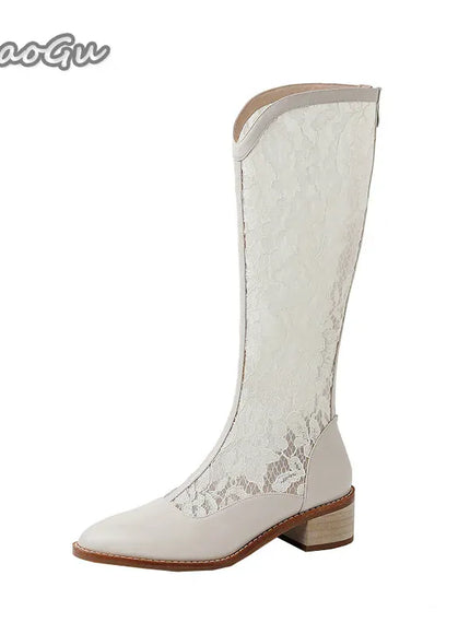 KissICON Woman Fashion Lace Flower Boots Thick Heel Pointed