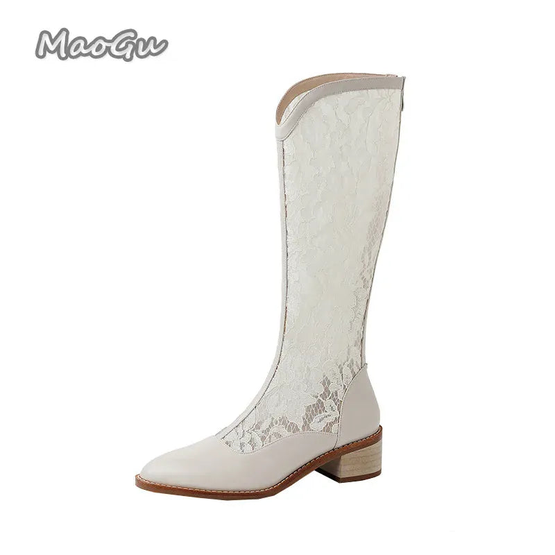 KissICON Woman Fashion Lace Flower Boots Thick Heel Pointed