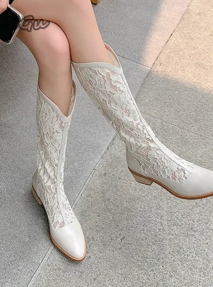 KissICON Woman Fashion Lace Flower Boots Thick Heel Pointed