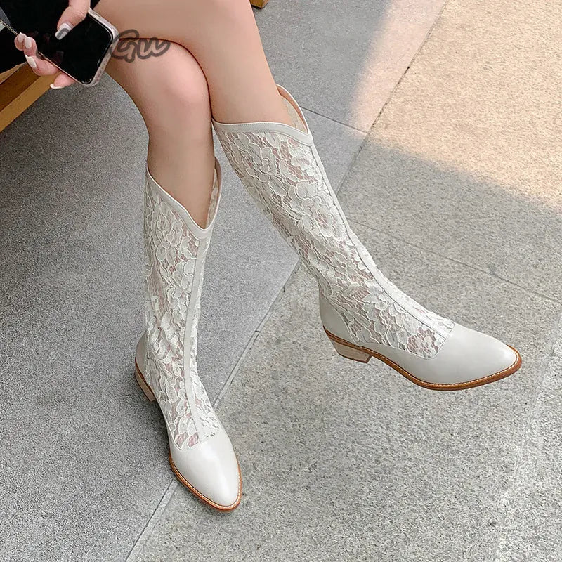 KissICON Woman Fashion Lace Flower Boots Thick Heel Pointed