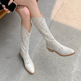KissICON Woman Fashion Lace Flower Boots Thick Heel Pointed