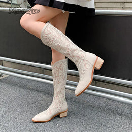 KissICON Woman Fashion Lace Flower Boots Thick Heel Pointed