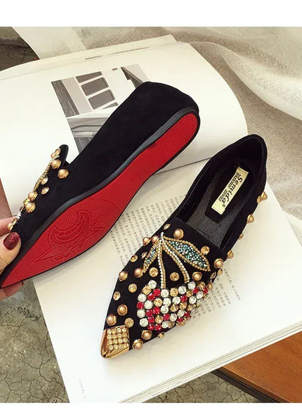 KissICON Woman Flats Shoes Rhinestone Cherry 2025 Spring New