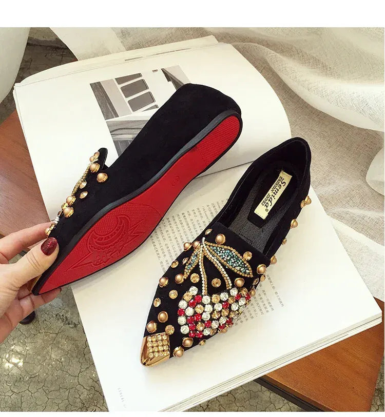 KissICON Woman Flats Shoes Rhinestone Cherry 2025 Spring New