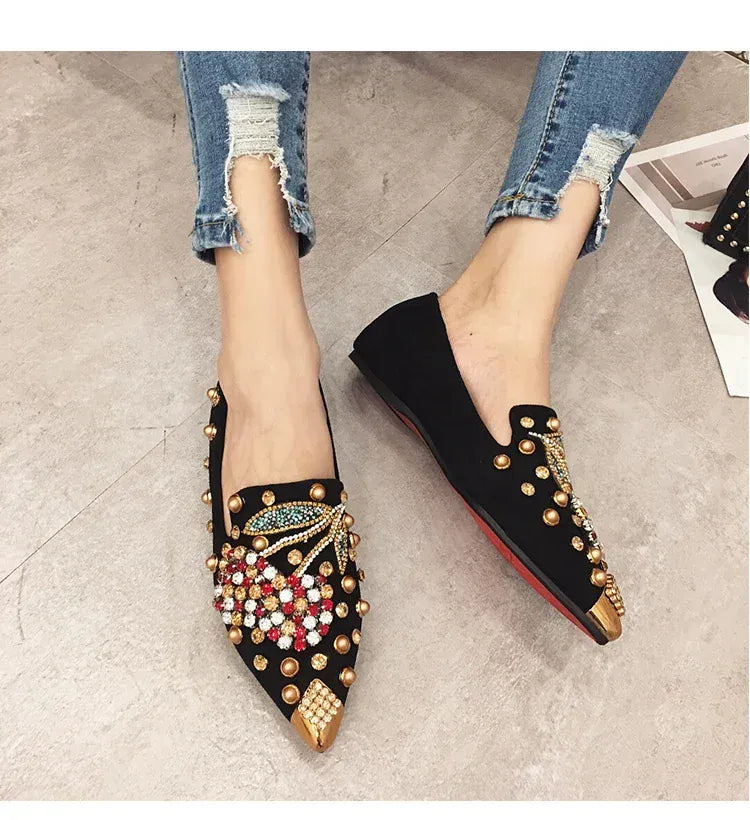 KissICON Woman Flats Shoes Rhinestone Cherry 2025 Spring New