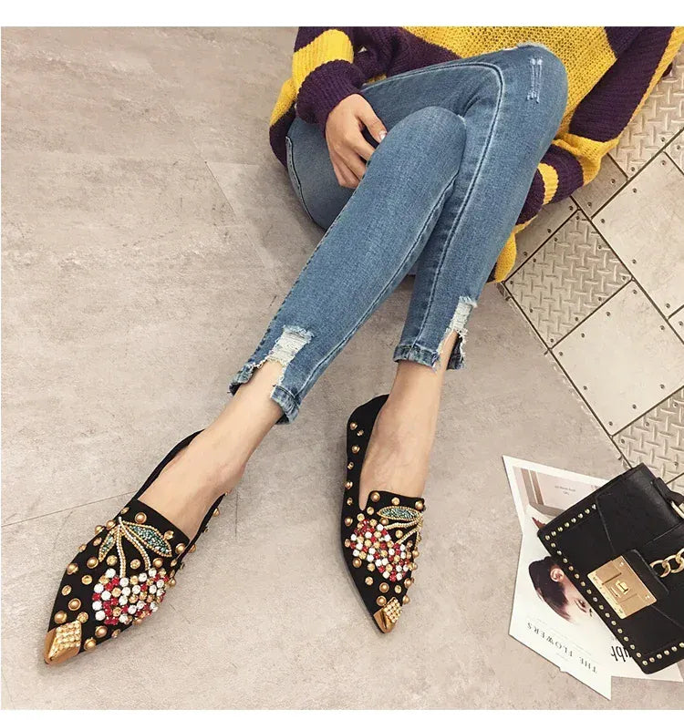 KissICON Woman Flats Shoes Rhinestone Cherry 2025 Spring New